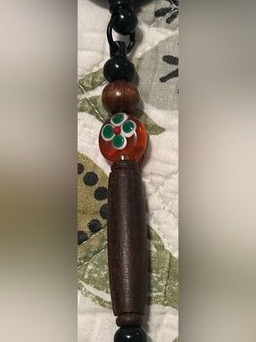 Boho Orange Glass Flower Bead and Brown Wood ID holder